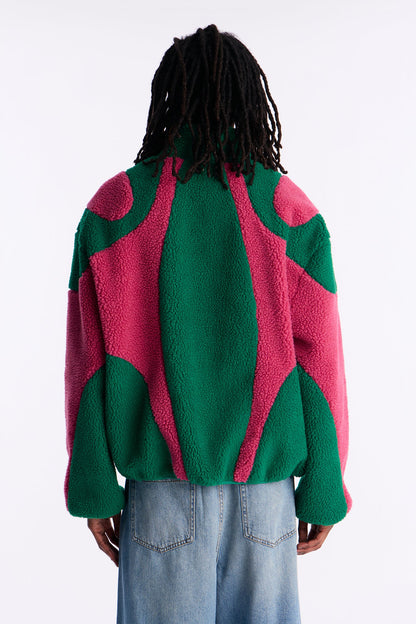 Oversized Sherpa Wave Paneled Zip Jacket - Green