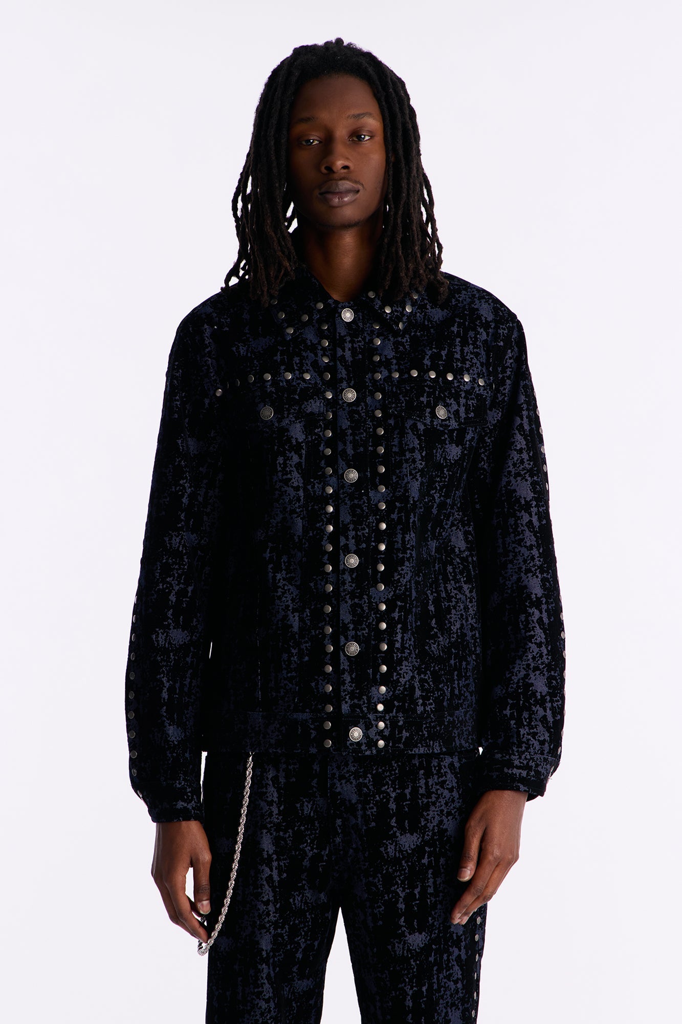 Social Stud Flocked Denim Trucker Jacket - Indigo