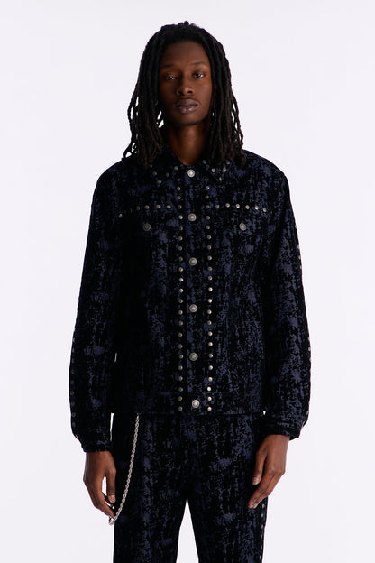 Social Stud Flocked Denim Trucker Jacket - Indigo