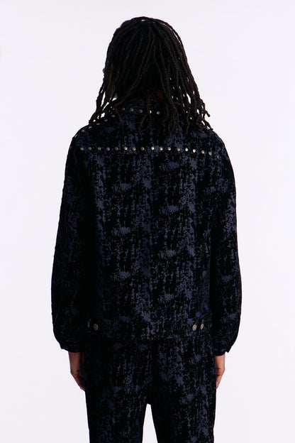 Social Stud Flocked Denim Trucker Jacket - Indigo