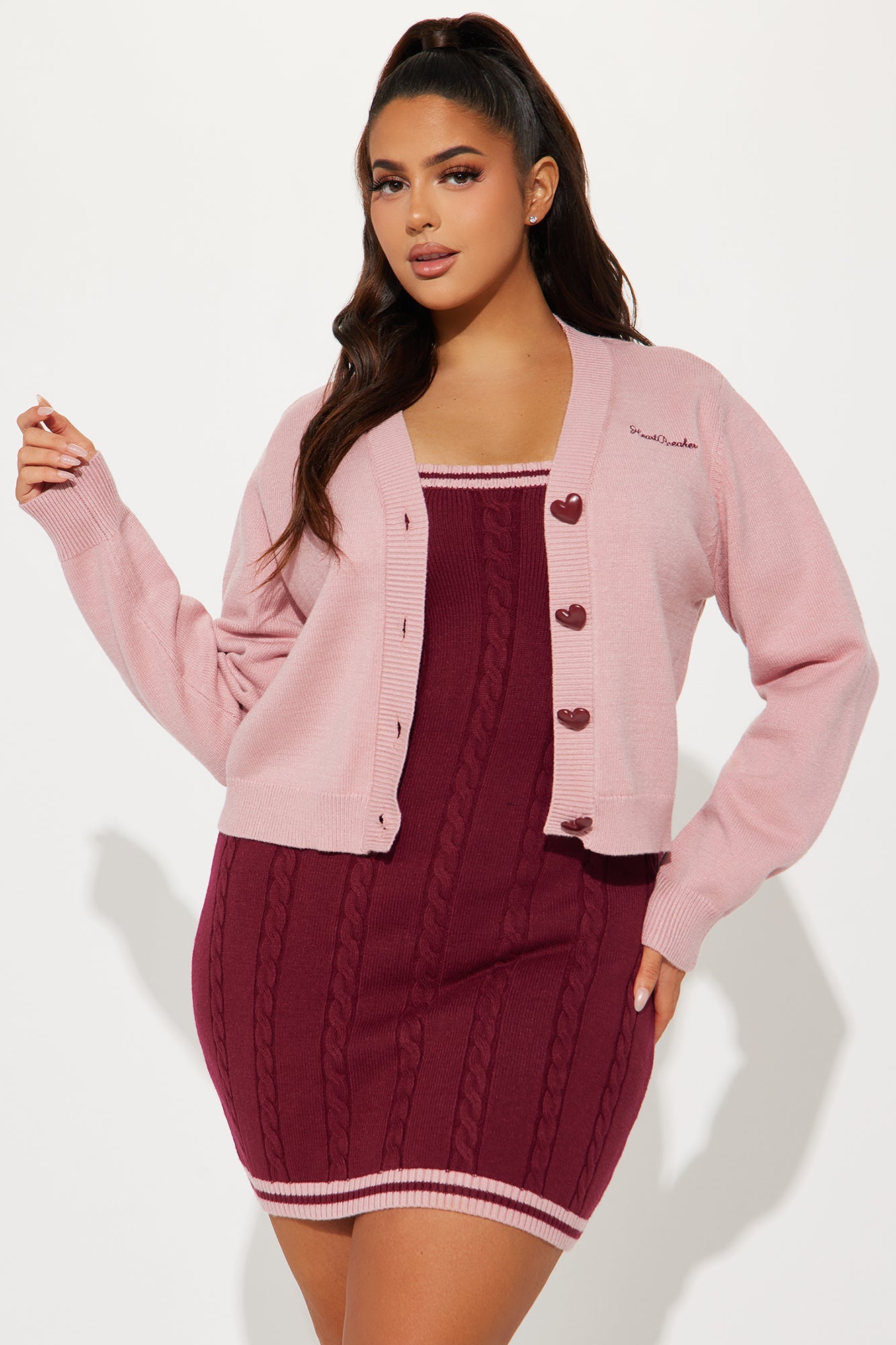 Book of Secrets Cable Knit Mini Dress Set - Burgundy/combo