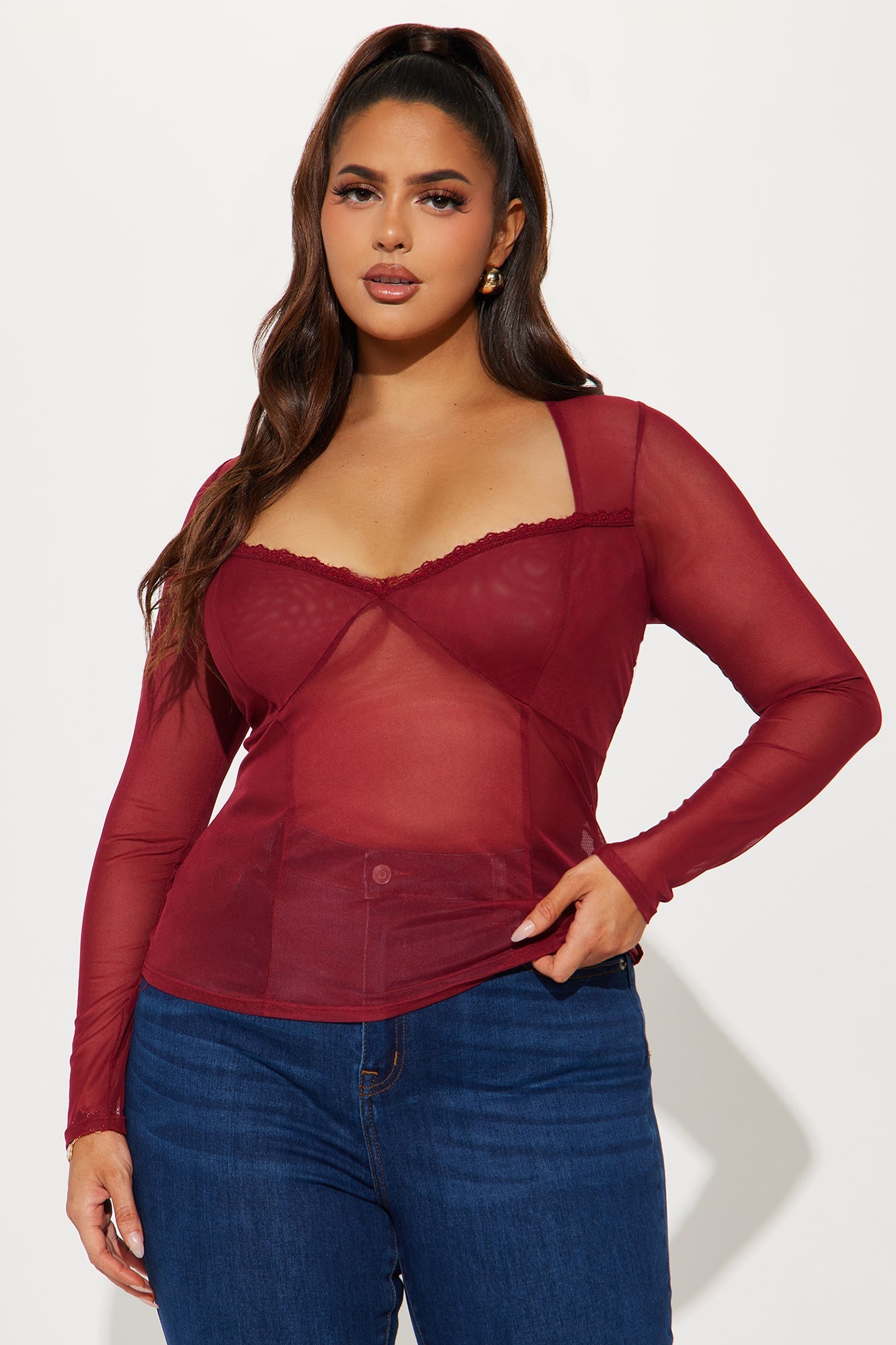 Heather Mesh Long Sleeve Top - Burgundy