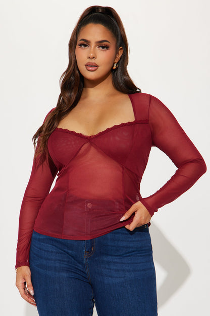 Heather Mesh Long Sleeve Top - Burgundy