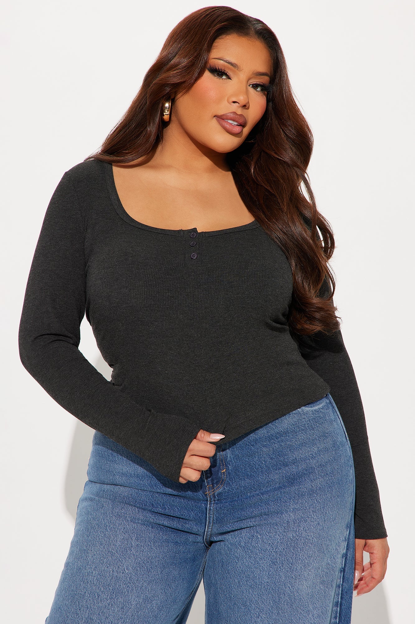 Stephanie Henley Long Sleeve Top - Charcoal