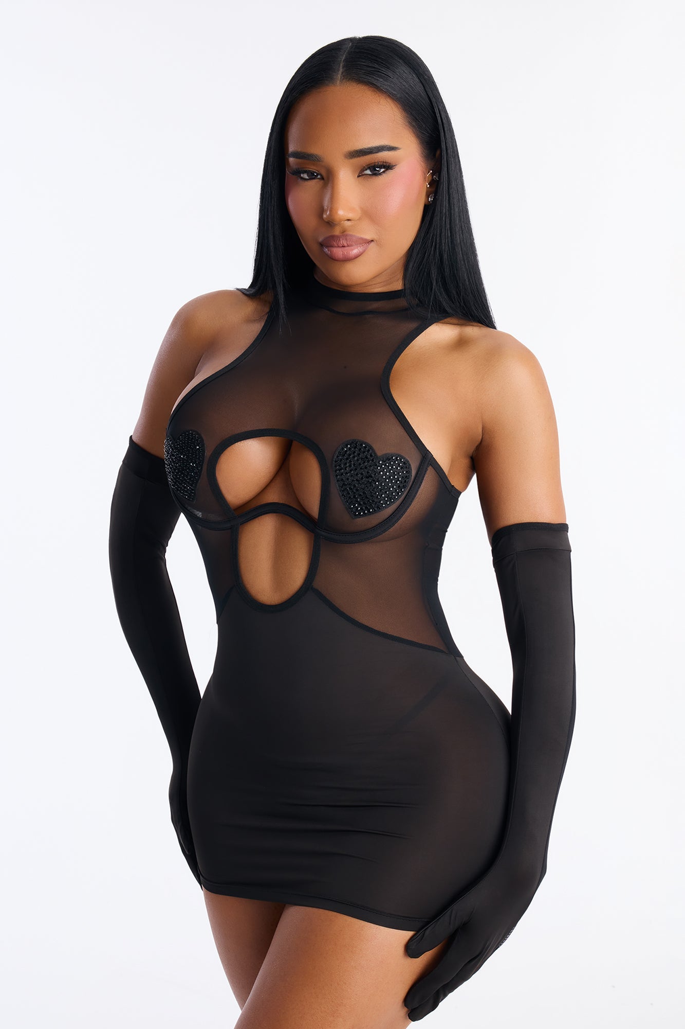 Heart Full Of Desire Mesh Chemise With Gloves - Black