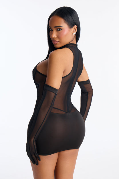 Heart Full Of Desire Mesh Chemise With Gloves - Black