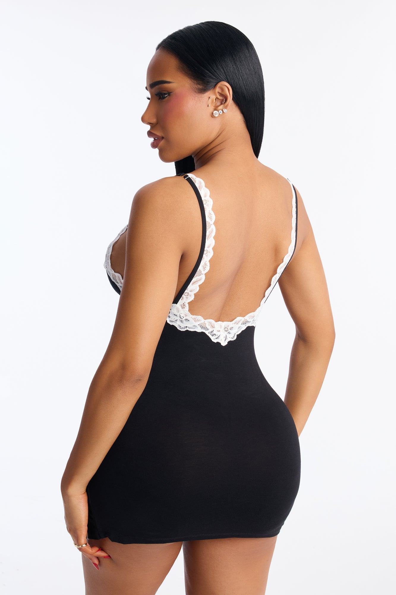Take It All Lace Trim Stretch Chemise - Black/White