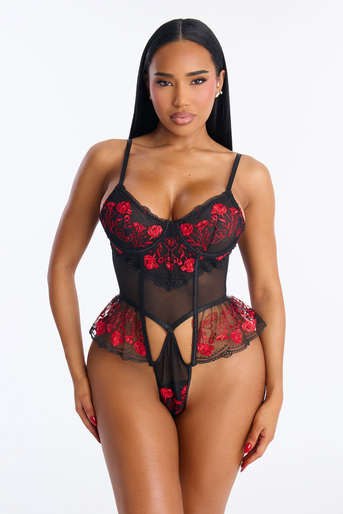 Valeria Mesh Embroidered Teddy - Red/combo