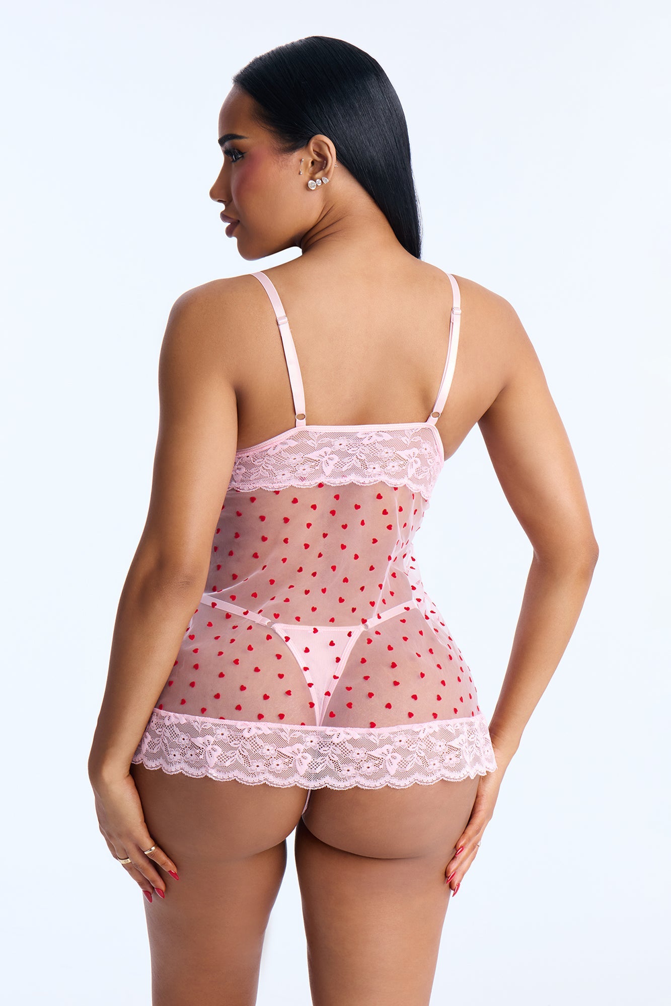 Faye Mesh Lace Babydoll and Thong - Pink