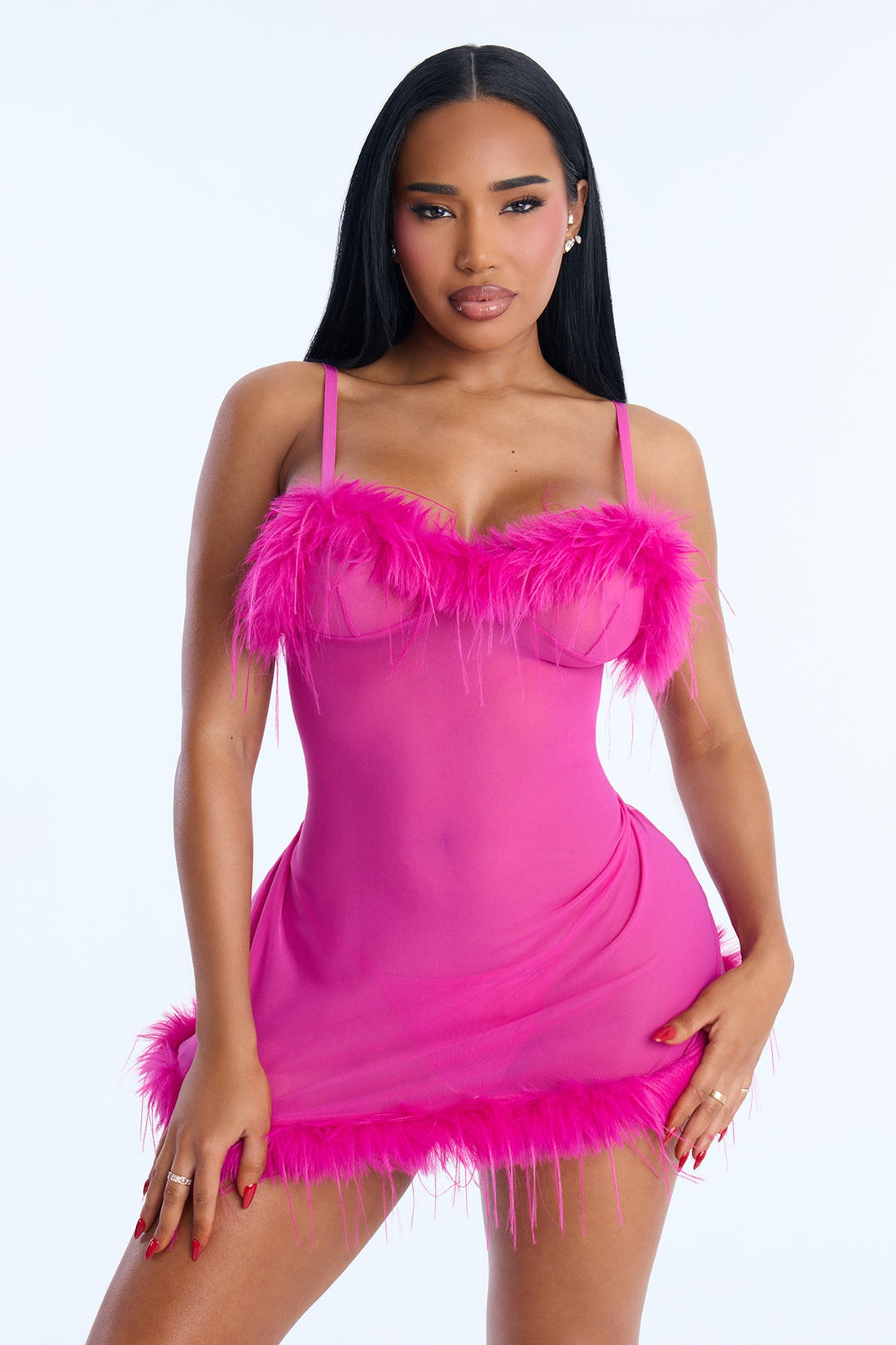 Farrah Mesh Marabou Babydoll - Fuchsia