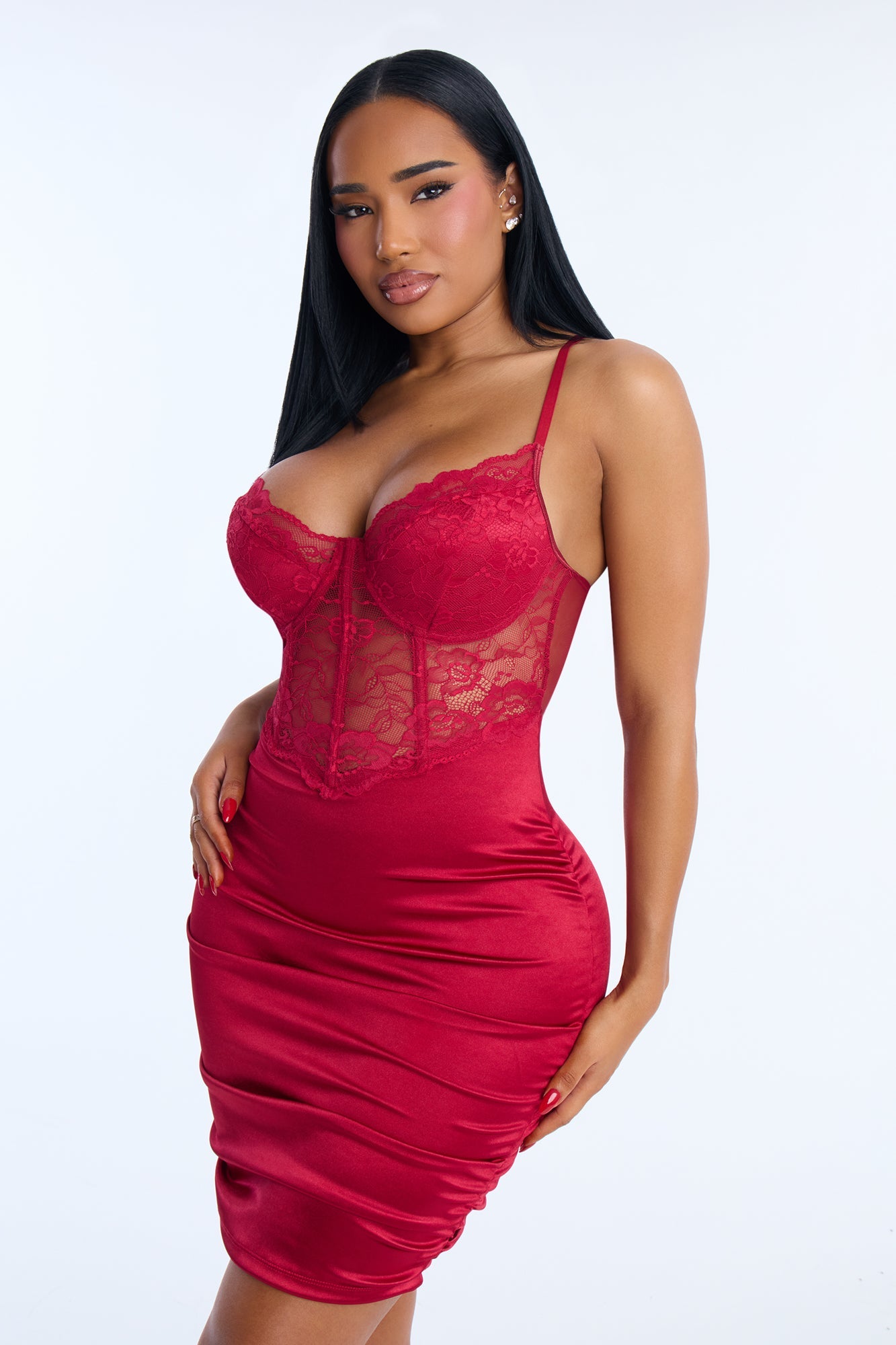 Date Night Ruched Satin Chemise - DarkRed