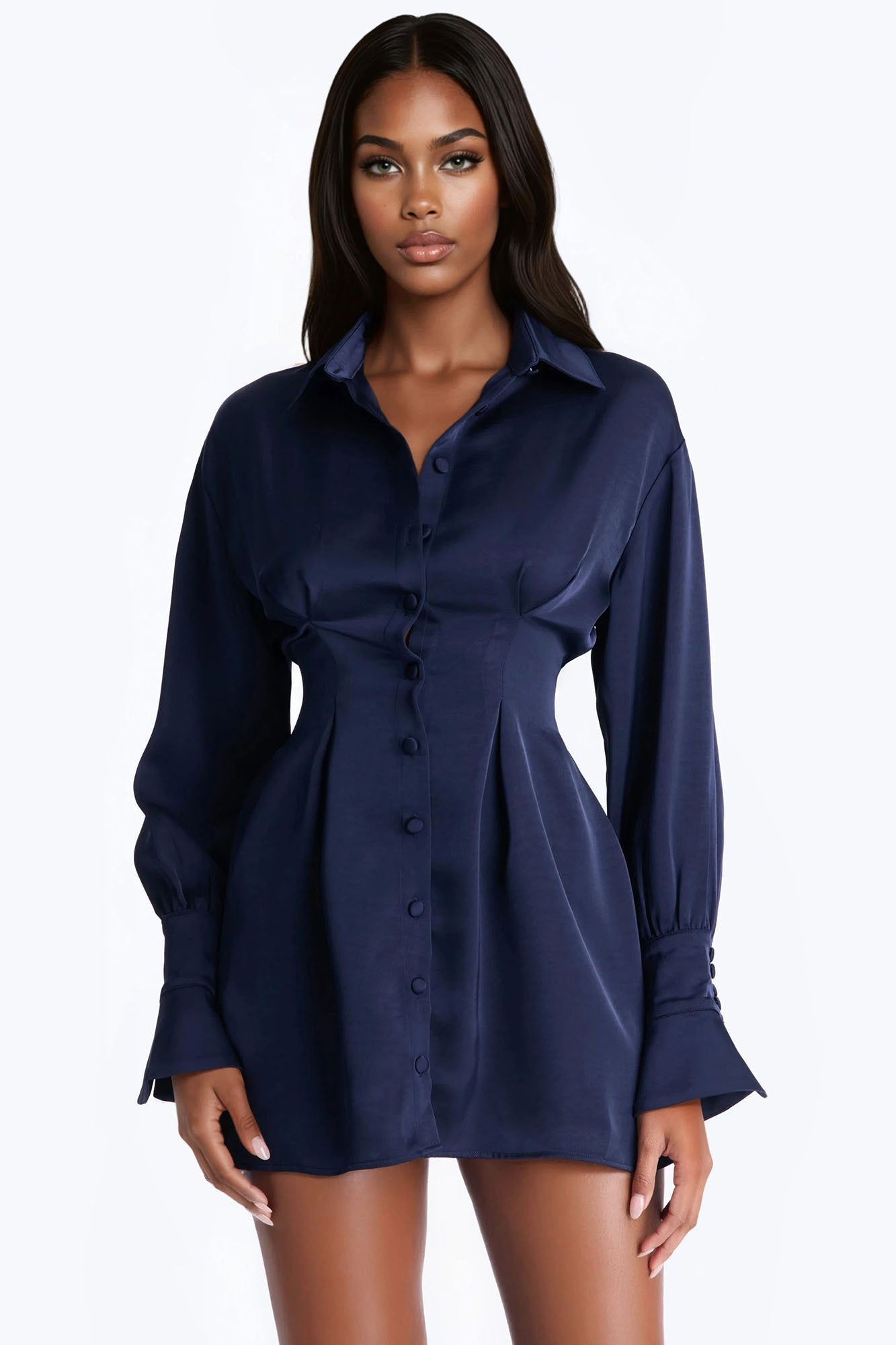 Samantha Long Sleeve Stretch Satin Mini Dress - Navy