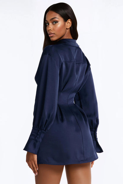 Samantha Long Sleeve Stretch Satin Mini Dress - Navy