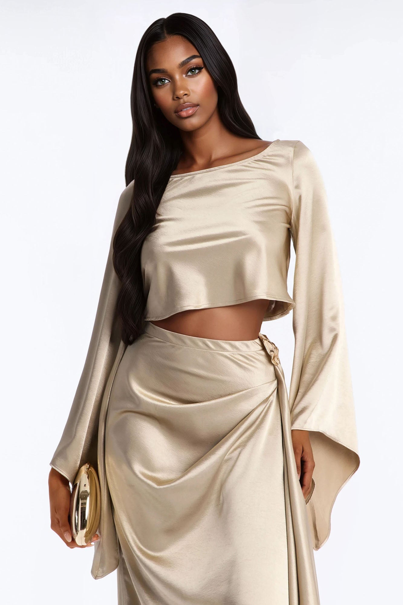 Macey Satin Midi Skirt Set - Champagne