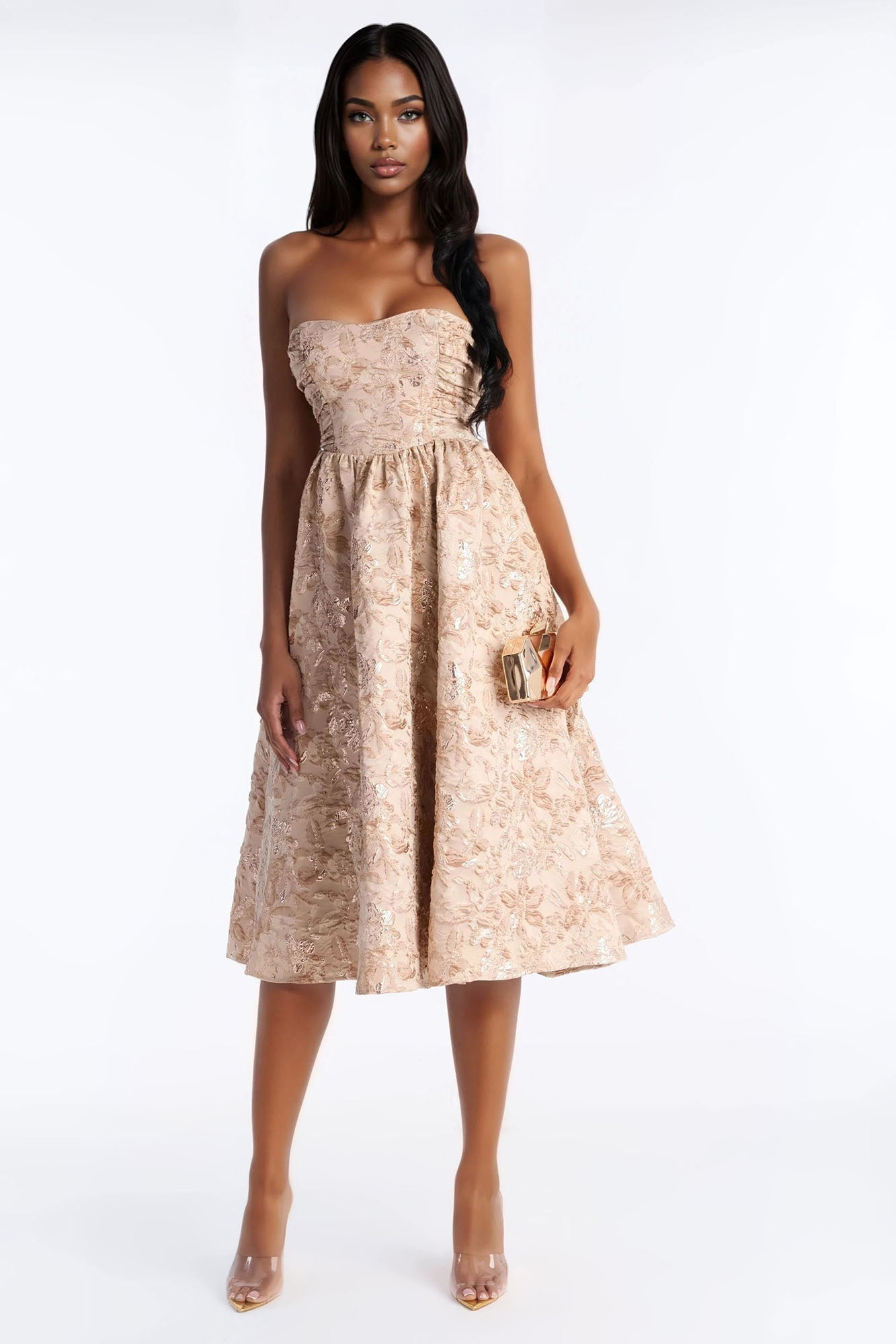 Sweet Like Me Glitter Floral Jacquard Midi Dress - Mocha