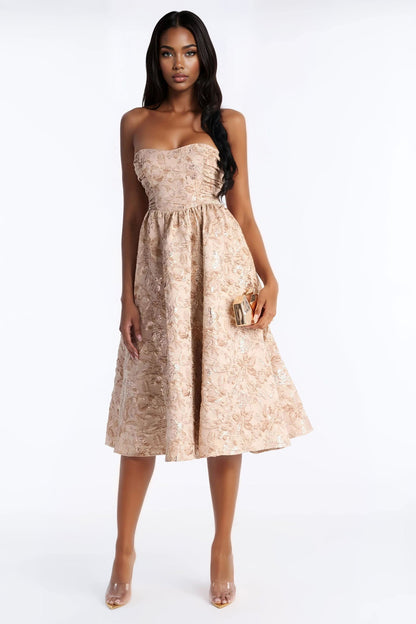Sweet Like Me Glitter Floral Jacquard Midi Dress - Mocha