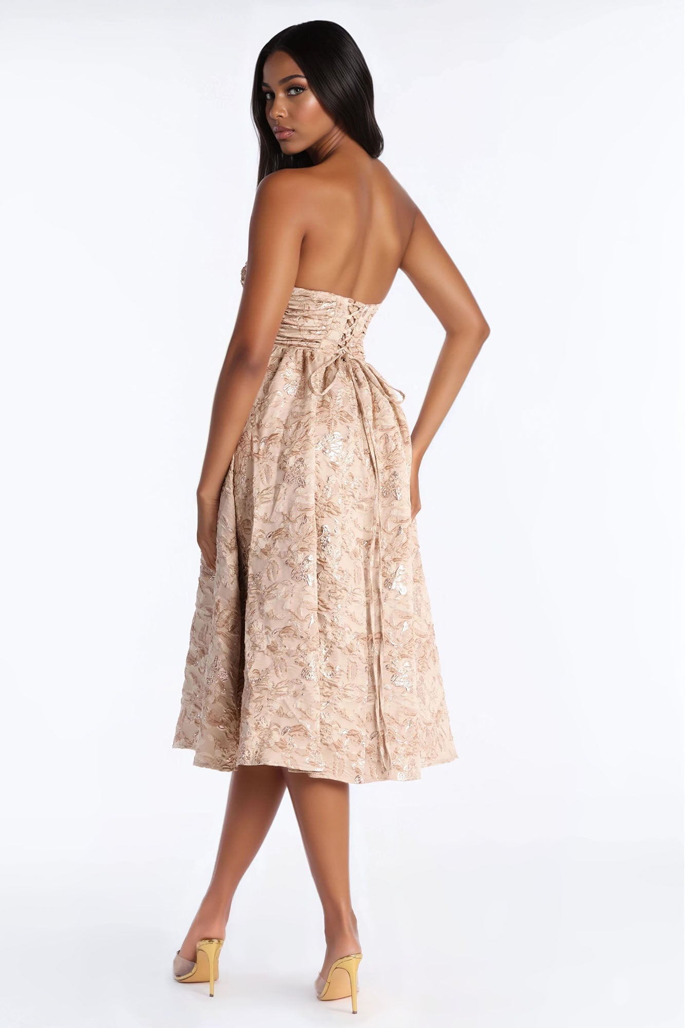 Sweet Like Me Glitter Floral Jacquard Midi Dress - Mocha
