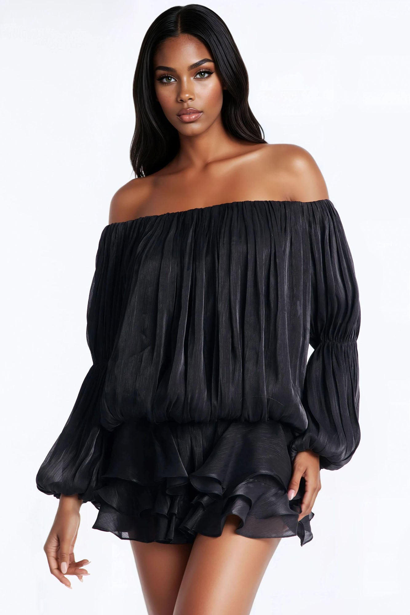 Oralee Off Shoulder Organza Mini Dress - Black