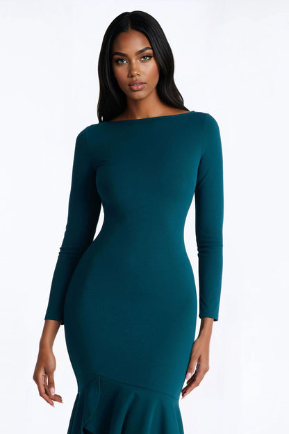 Bianca Long Sleeve Peplum Midi Dress - Hunter