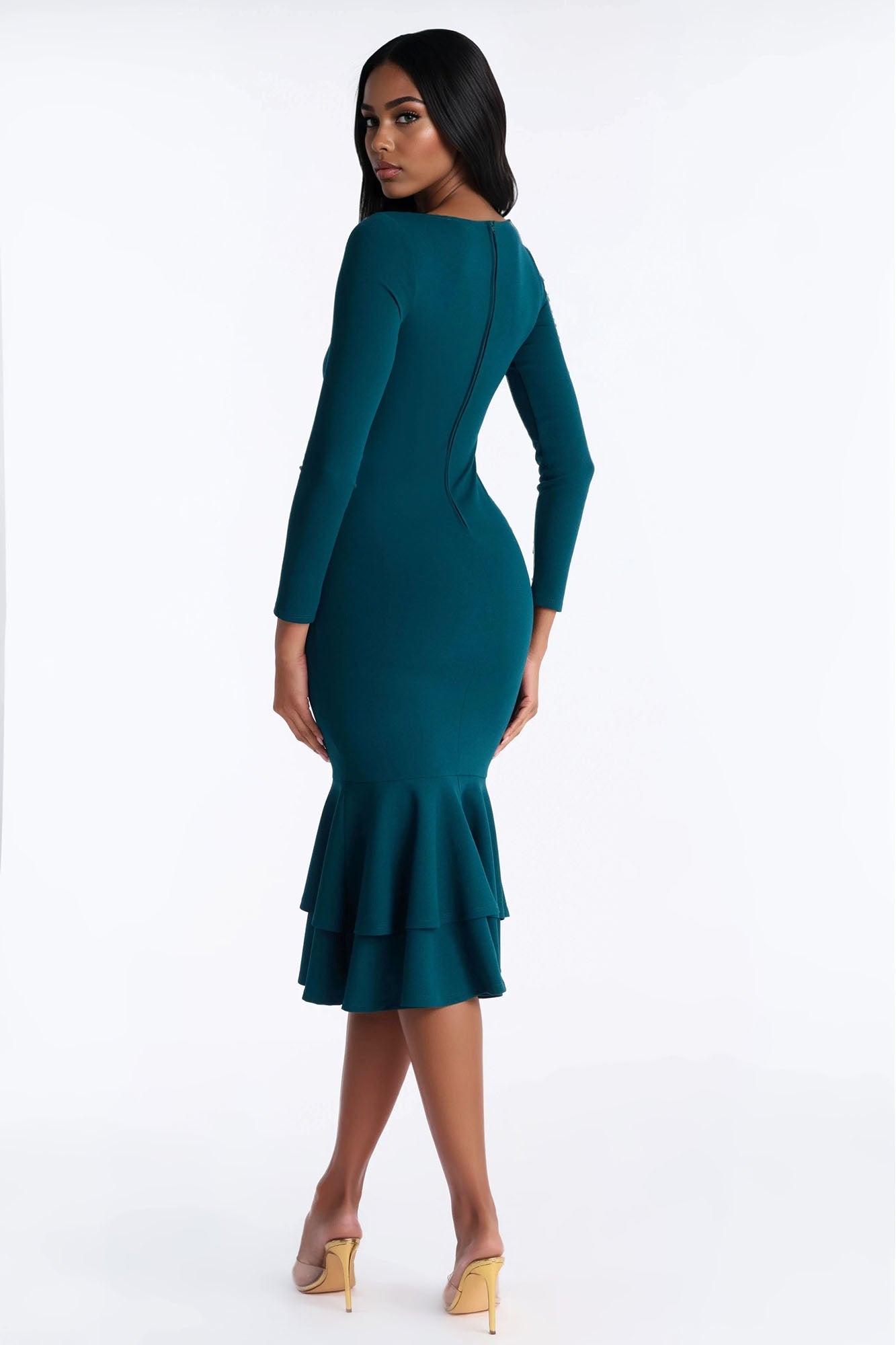 Bianca Long Sleeve Peplum Midi Dress - Hunter