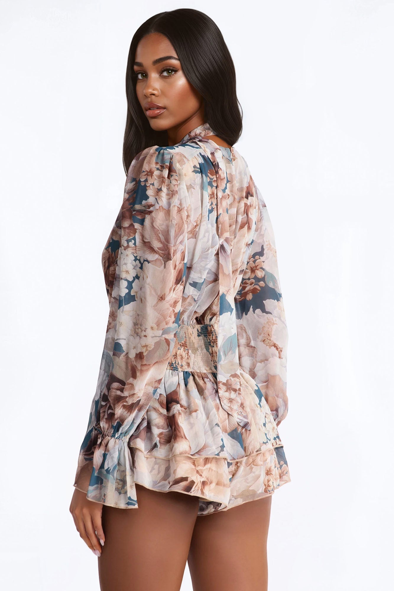 Cynthia Chiffon Long Sleeve Romper With Scarf - Taupe/combo