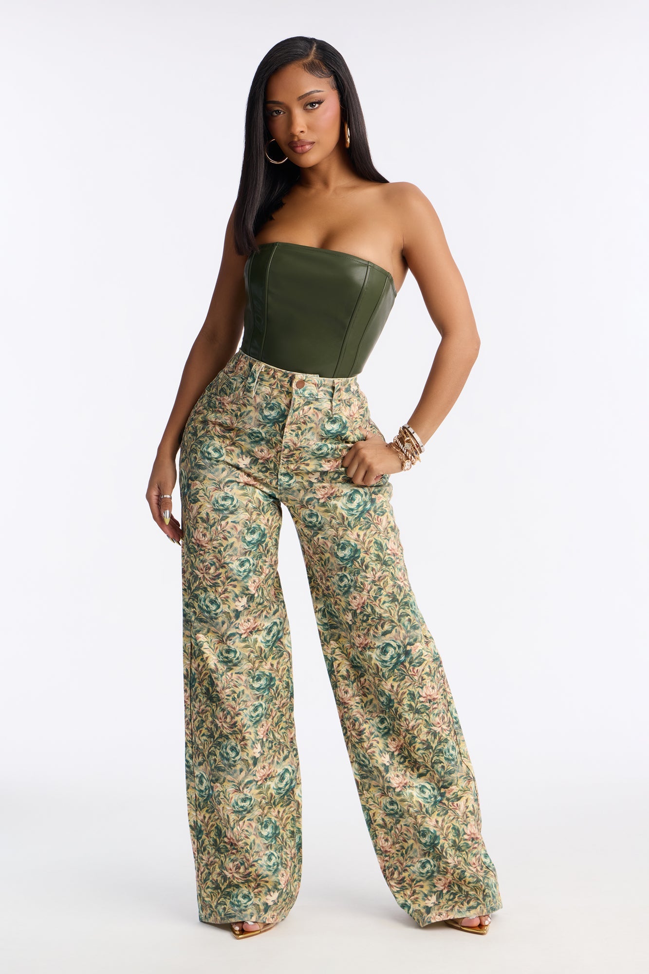 Tea For Two Floral Print Wide Leg Jeans - Cream/combo