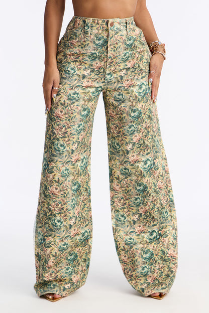 Tea For Two Floral Print Wide Leg Jeans - Cream/combo