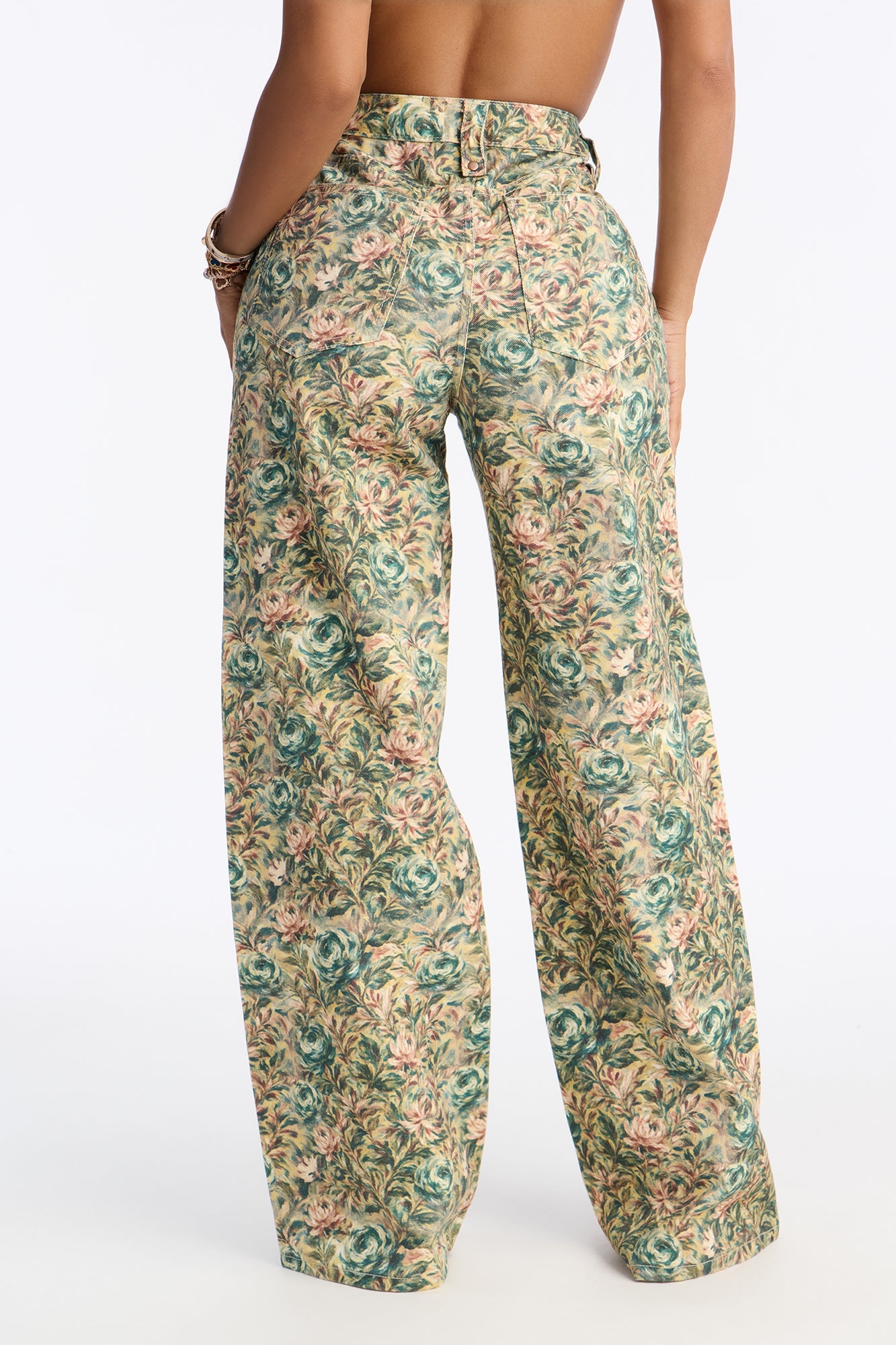 Tea For Two Floral Print Wide Leg Jeans - Cream/combo