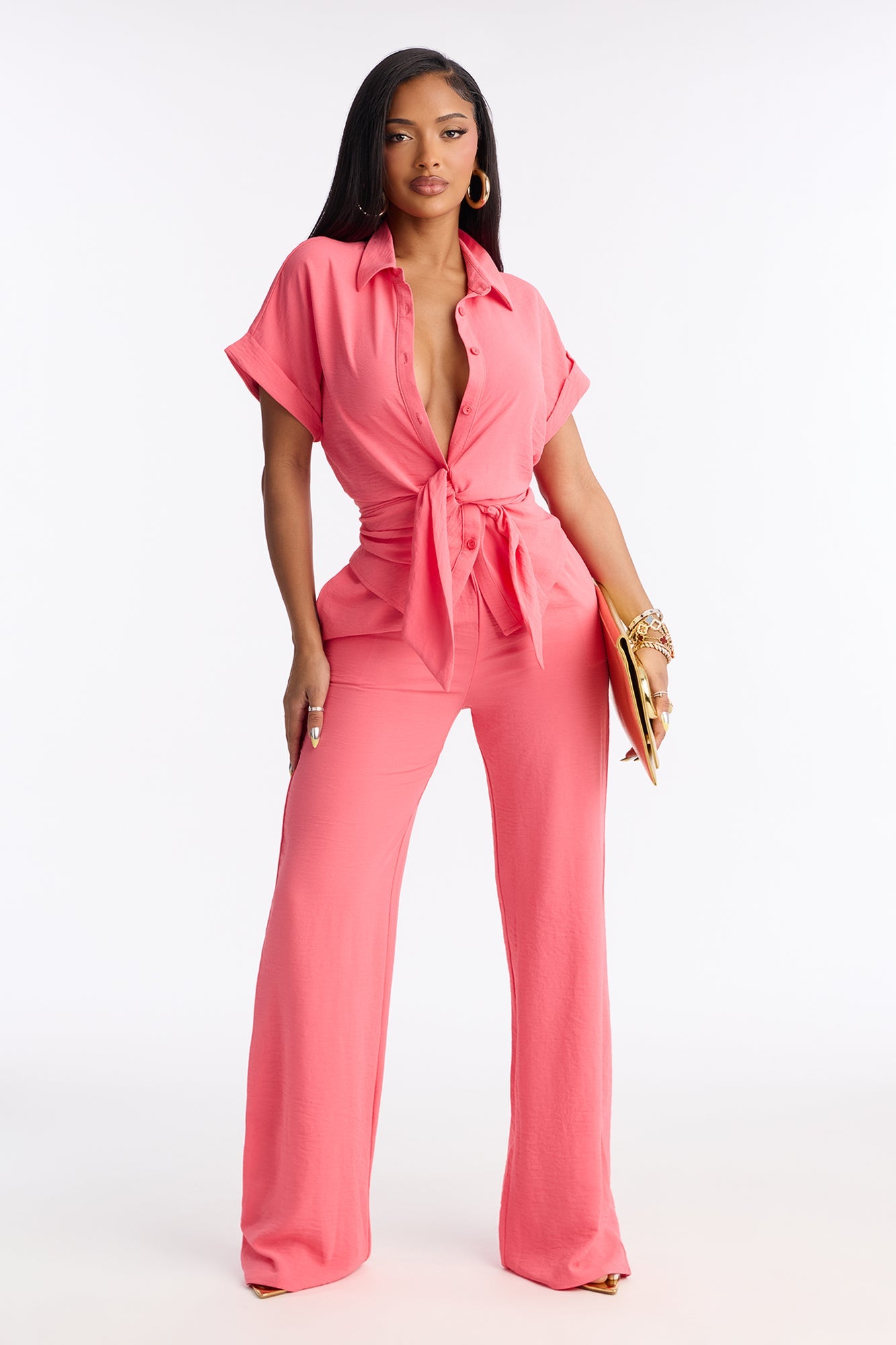 Makela Tie Front Wide Leg Pant Set - Pink