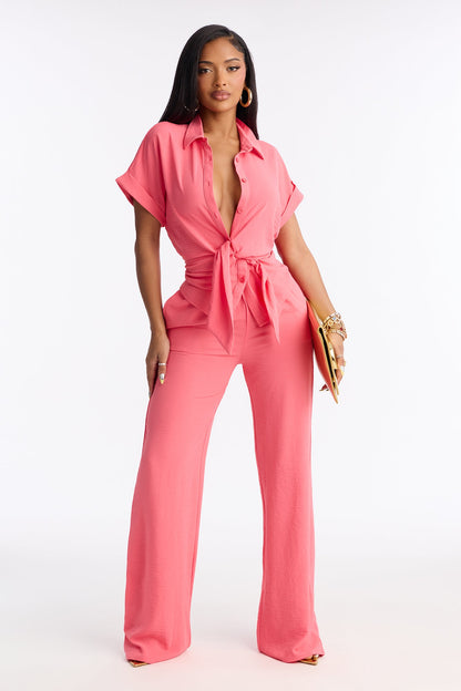 Makela Tie Front Wide Leg Pant Set - Pink