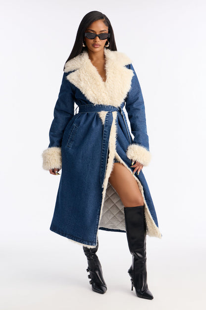 CPH Faux Fur Quilted Denim Jacket - Dark Wash