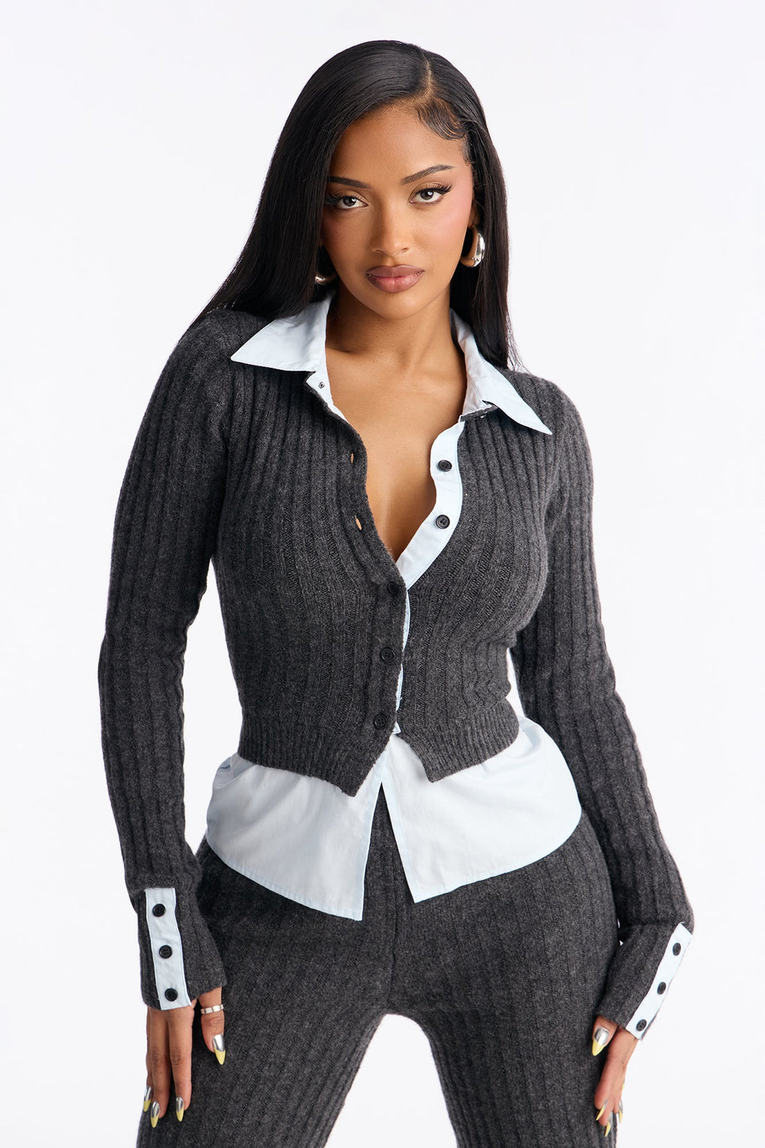 Lazy Monday Collar Sweater Wide Leg Pant Set - Charcoal