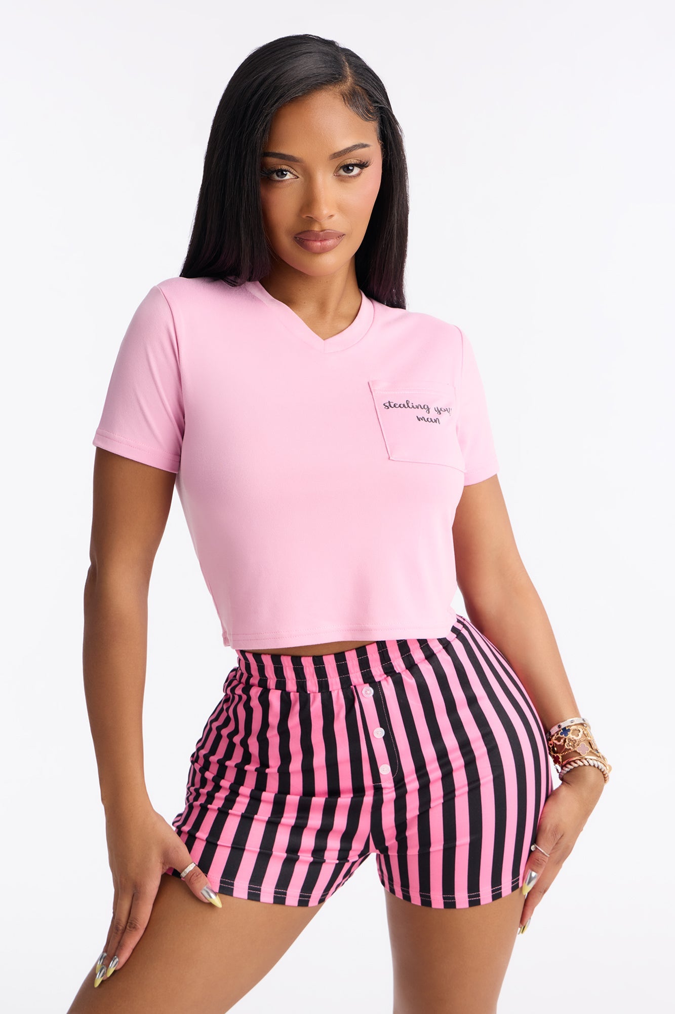 Stealing Your Man Short Sleeve PJ Boxer Short Set - Black/Pink