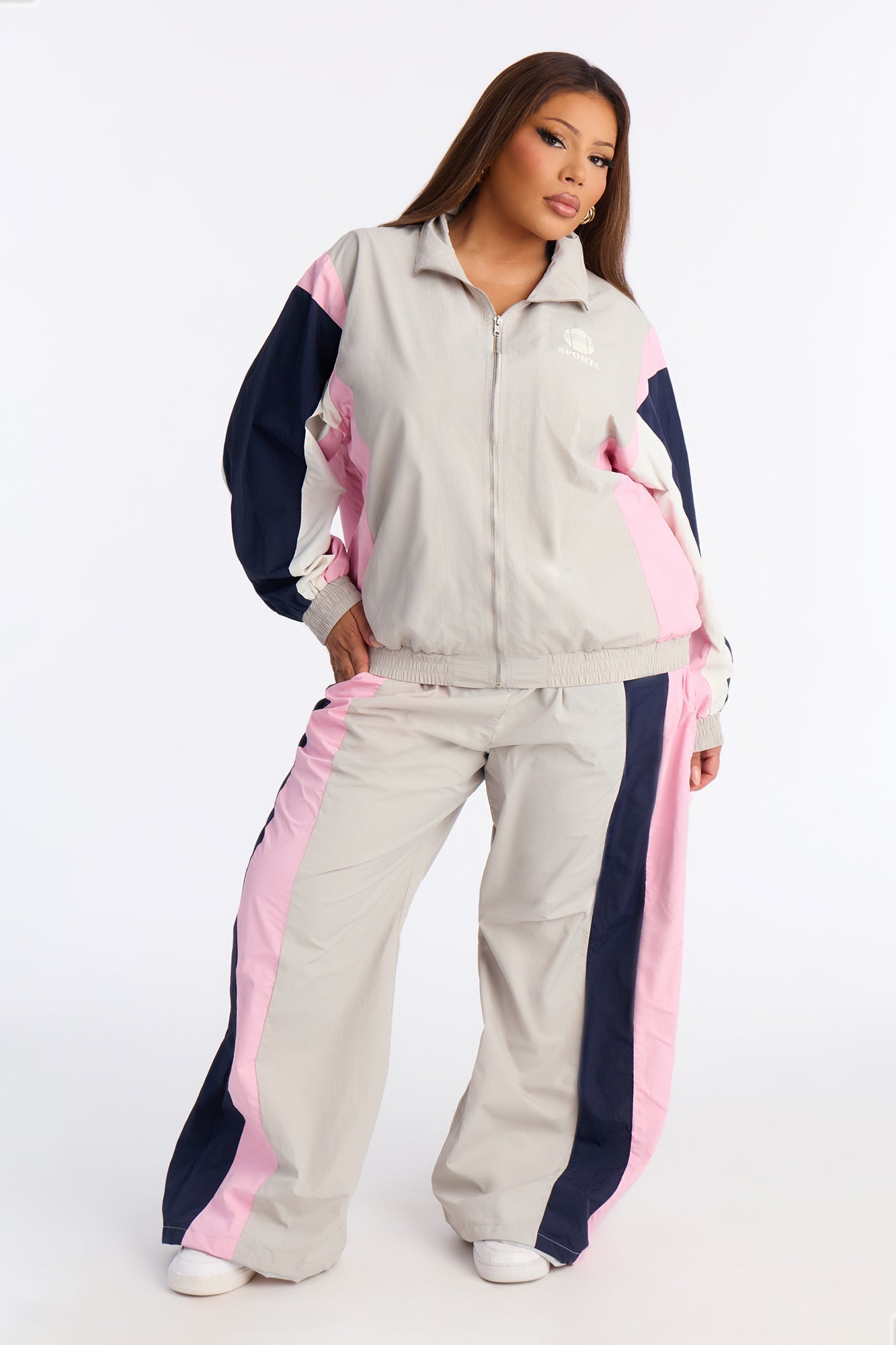 Caroline Nylon Zip Up Wide Leg Pant Set - Grey/combo