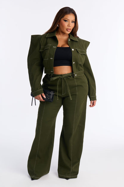 Celine Bold Shoulder Twill Pant Set - Olive