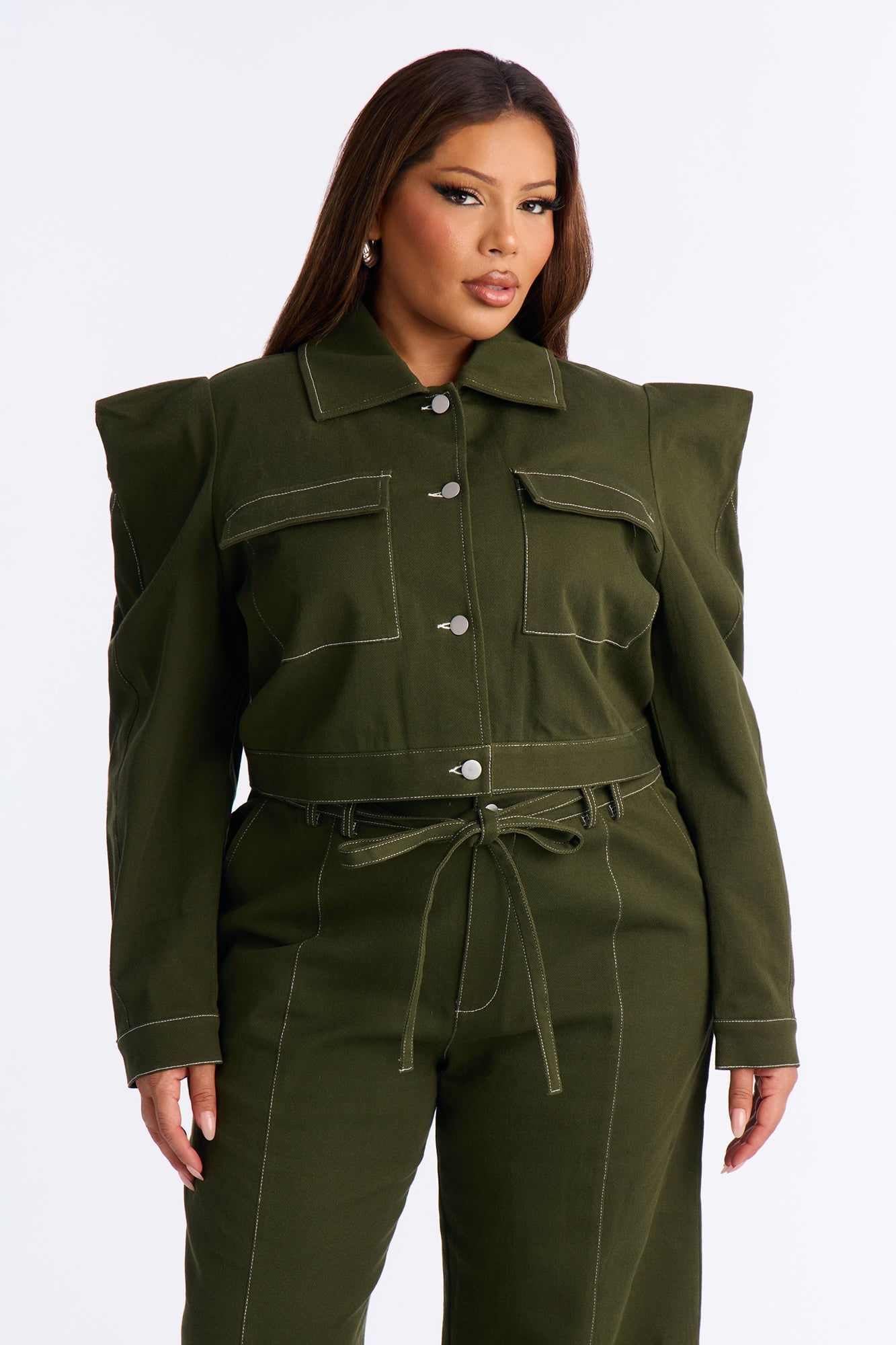 Celine Bold Shoulder Twill Pant Set - Olive
