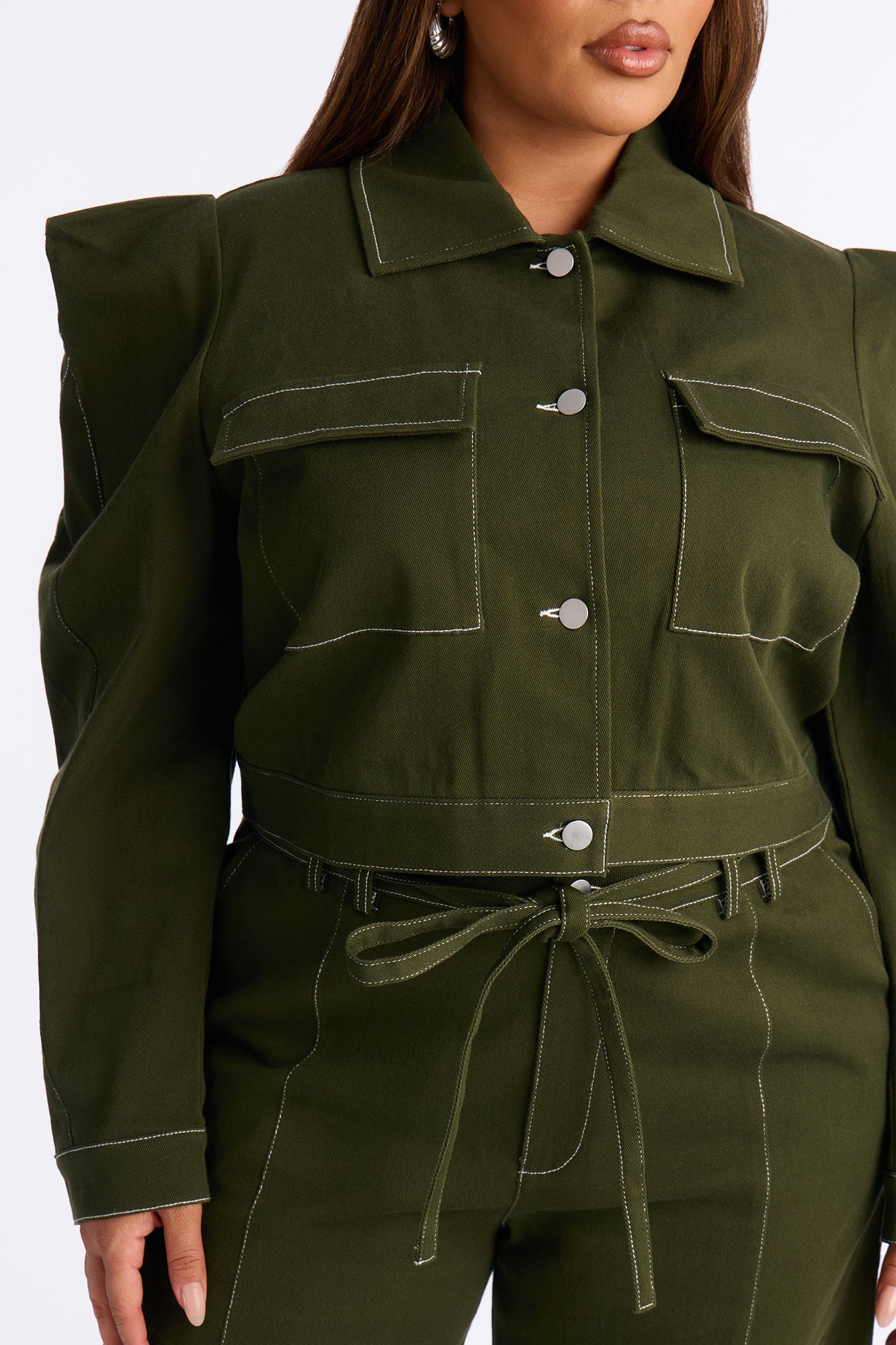 Celine Bold Shoulder Twill Pant Set - Olive