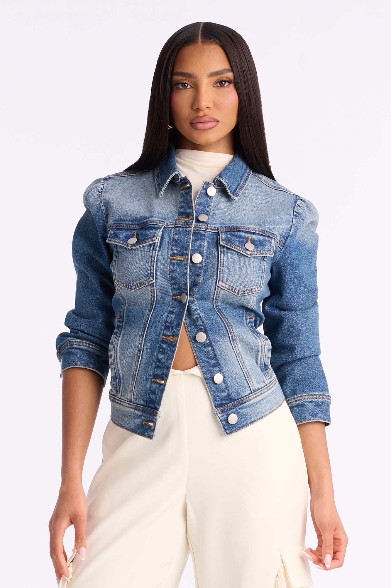 Princessa Puff Sleeve Denim Jacket - Medium Wash