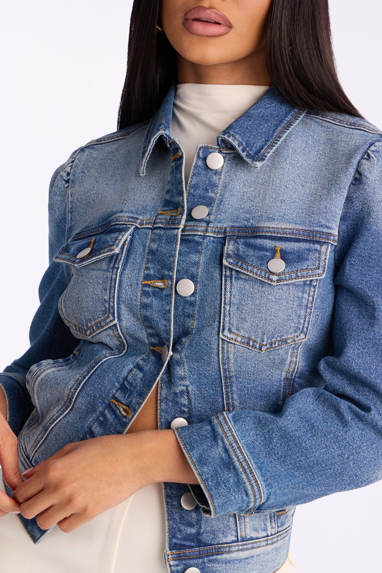 Princessa Puff Sleeve Denim Jacket - Medium Wash