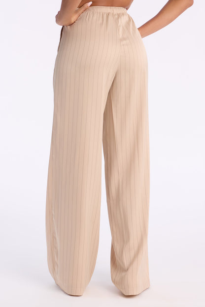 Lulu Pinstripe Satin Wide Leg Pant 32″ - Sand