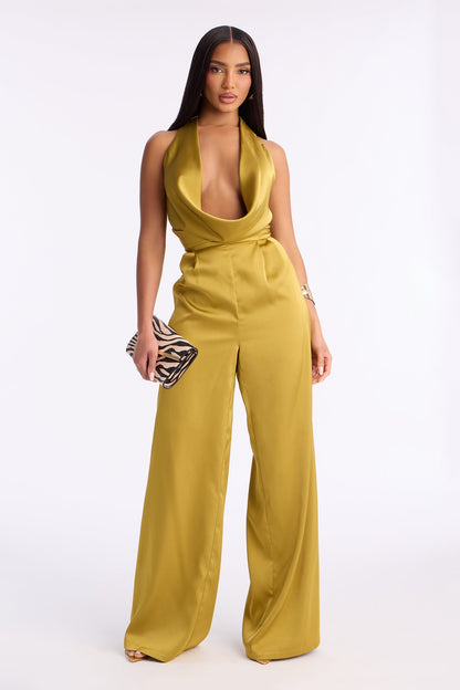 Chic Vibes Cowl Wide Leg Jumpsuit - Chartreuse