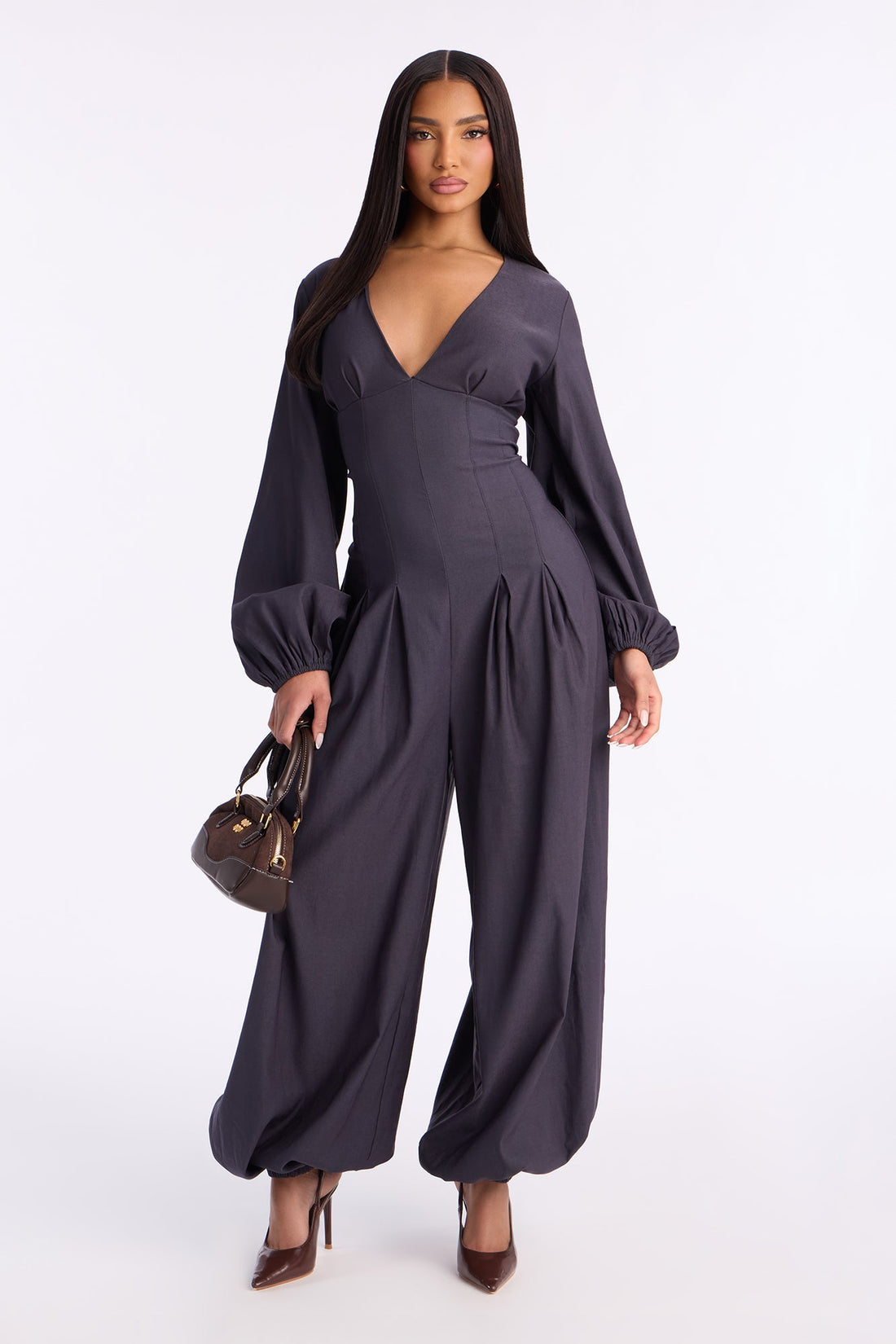 Mya Balloon Wide Leg Jumpsuit - Charcoal