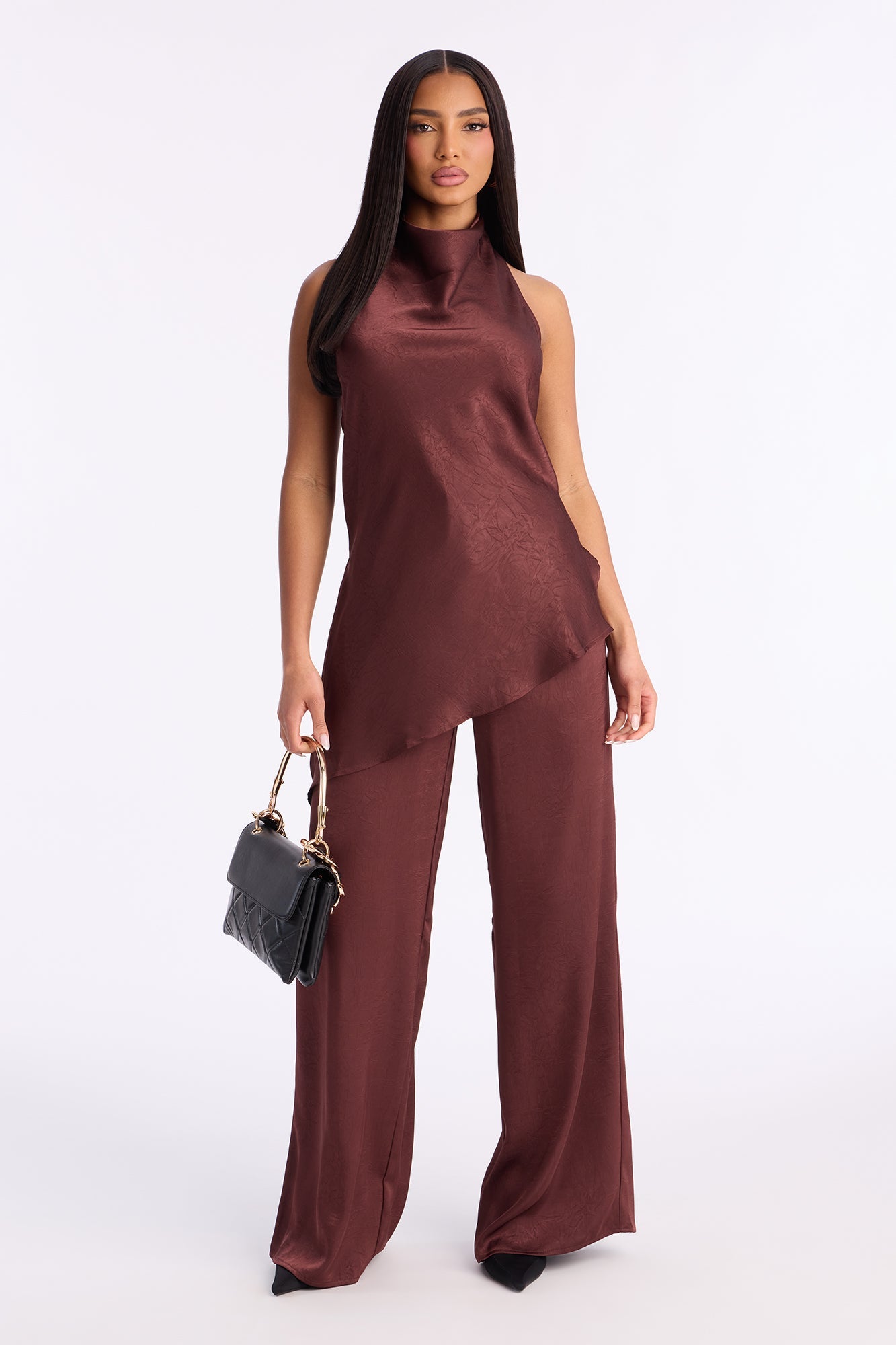 Claire Satin Cowl Neck Pant Set - Chocolate