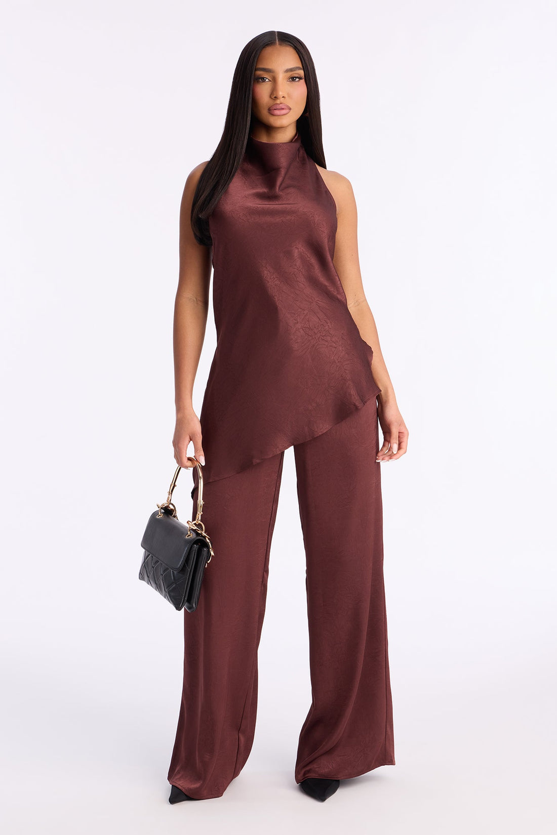 Claire Satin Cowl Neck Pant Set - Chocolate
