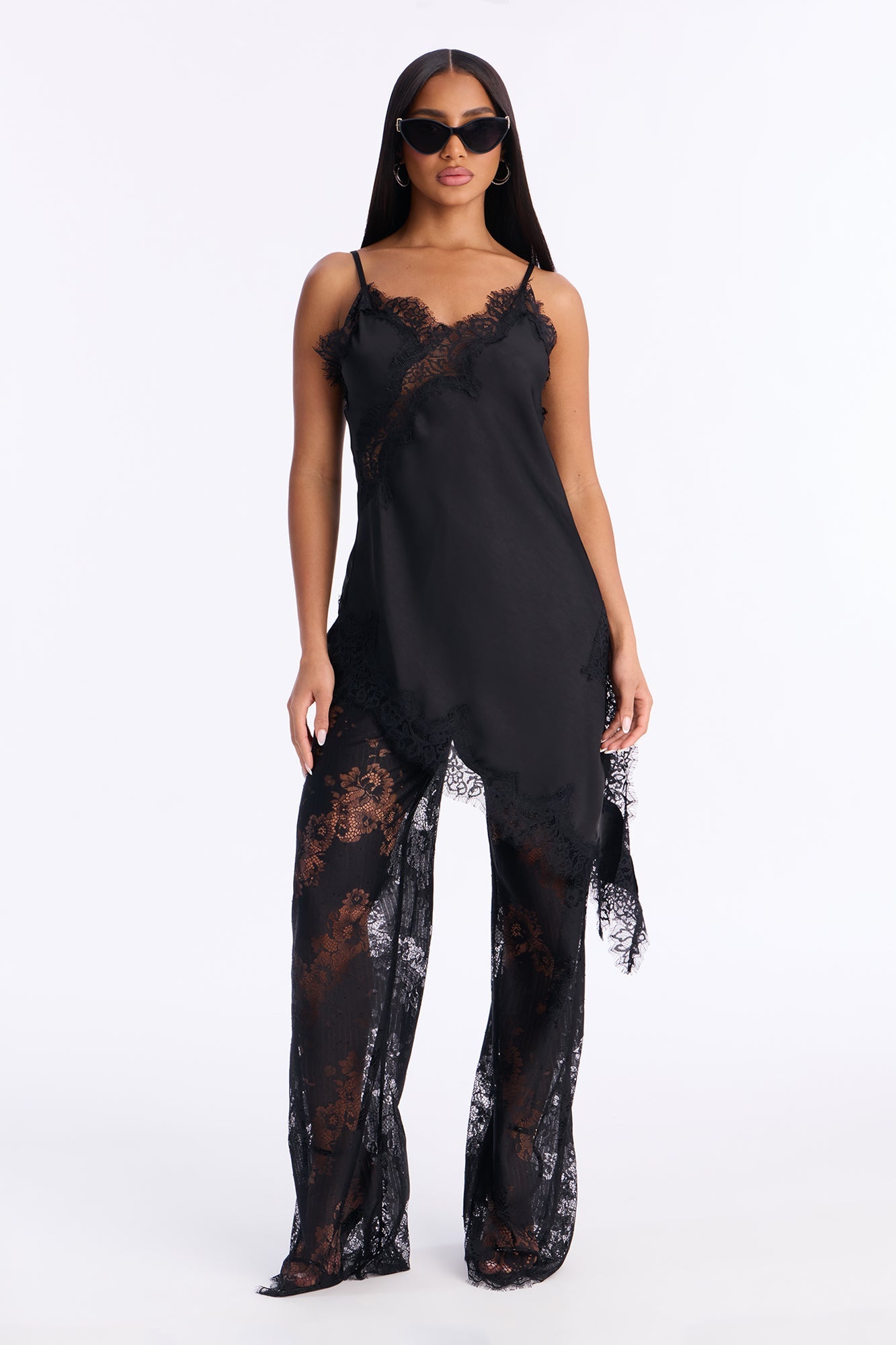 Yasmin Satin Lace Pant Set - Black