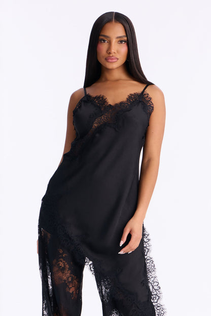 Yasmin Satin Lace Pant Set - Black