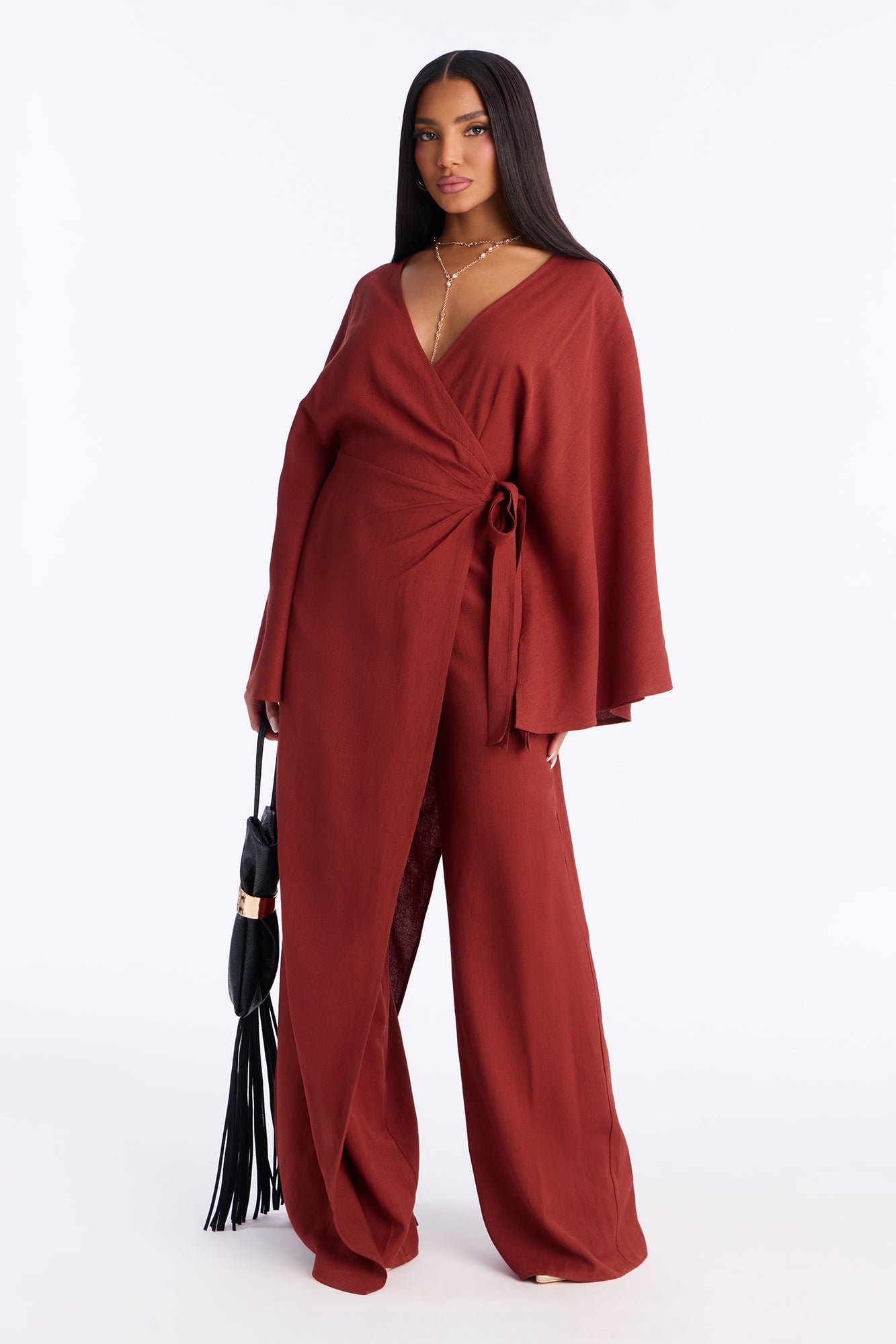 Shantal Long Sleeve Wrap Wide Leg Jumpsuit - Rust