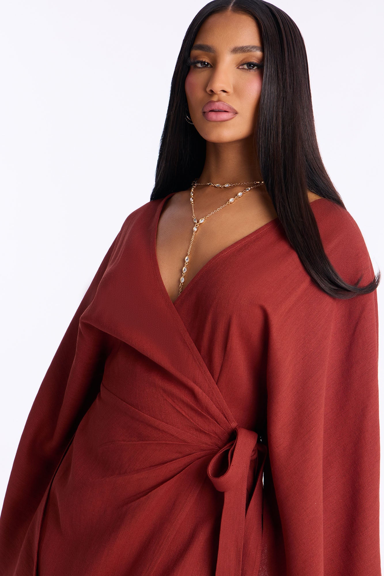 Shantal Long Sleeve Wrap Wide Leg Jumpsuit - Rust
