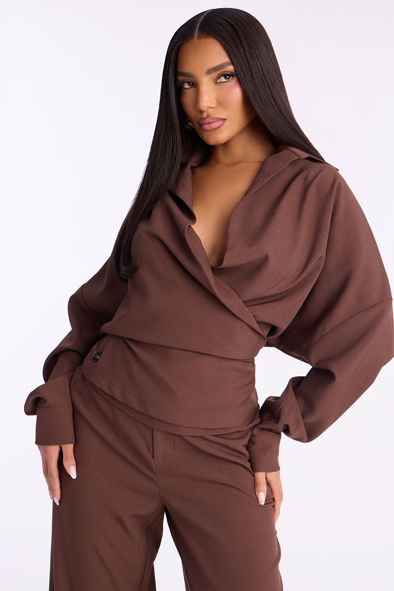 Kiara Wide Leg Pant Set - Brown