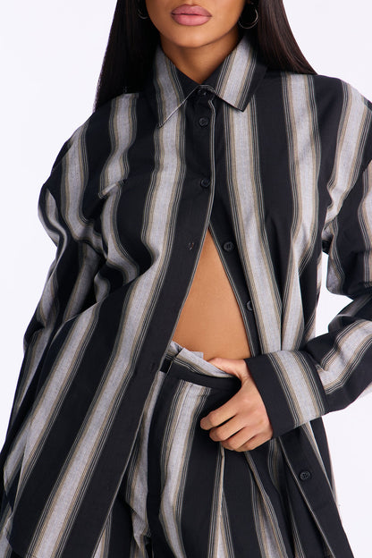 Rina Poplin Striped Pant Set - Black/combo